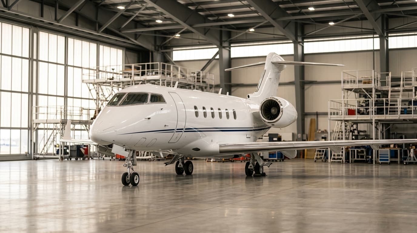 Challenger 350 inside an EASA Part-145 maintenance hangar