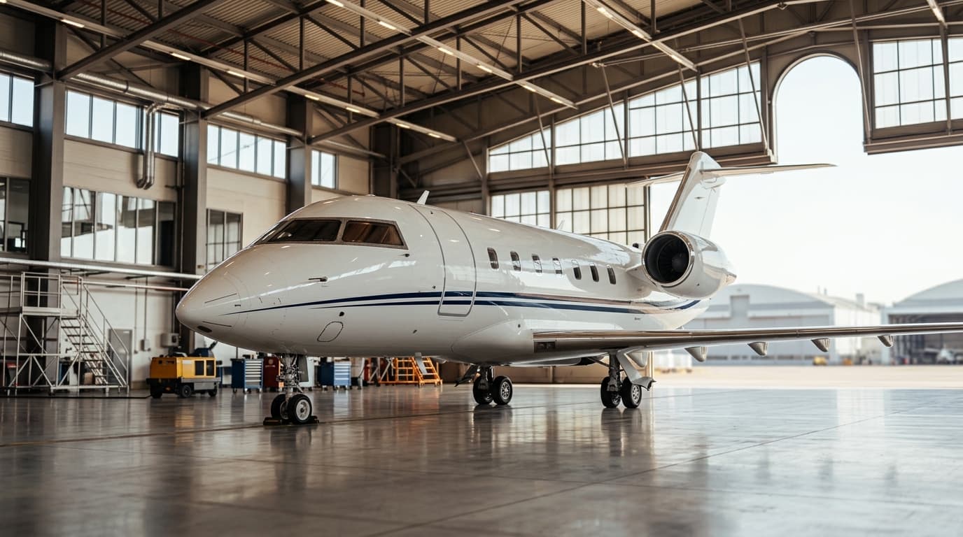 Challenger 605 inside an EASA Part-145 maintenance hangar