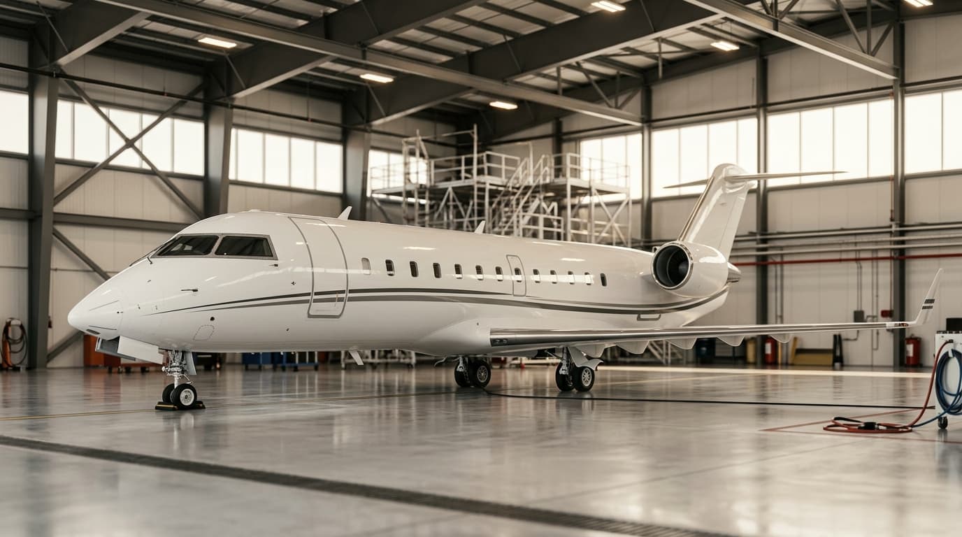 Challenger 850 inside an EASA Part-145 maintenance hangar
