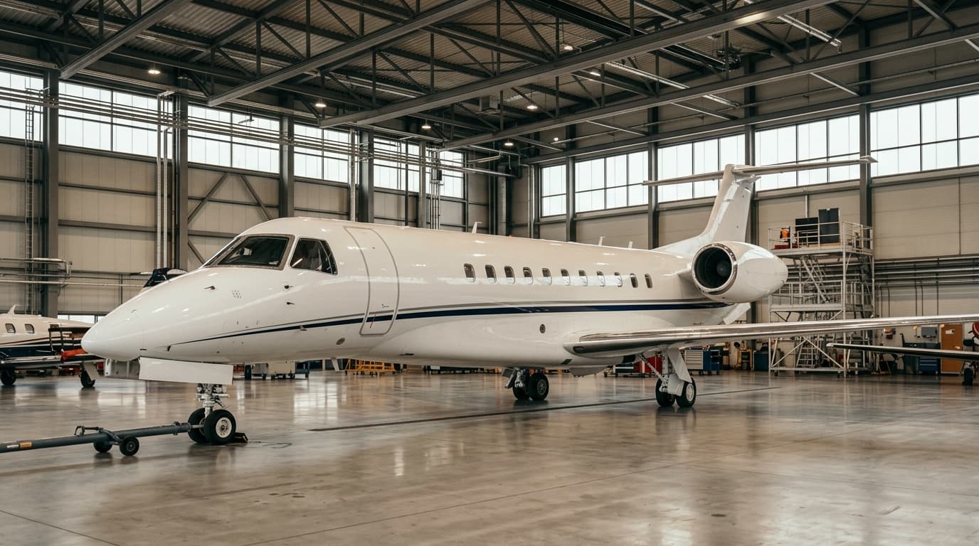 Embraer Legacy 650 inside the Falcon Aerospace maintenance hangar